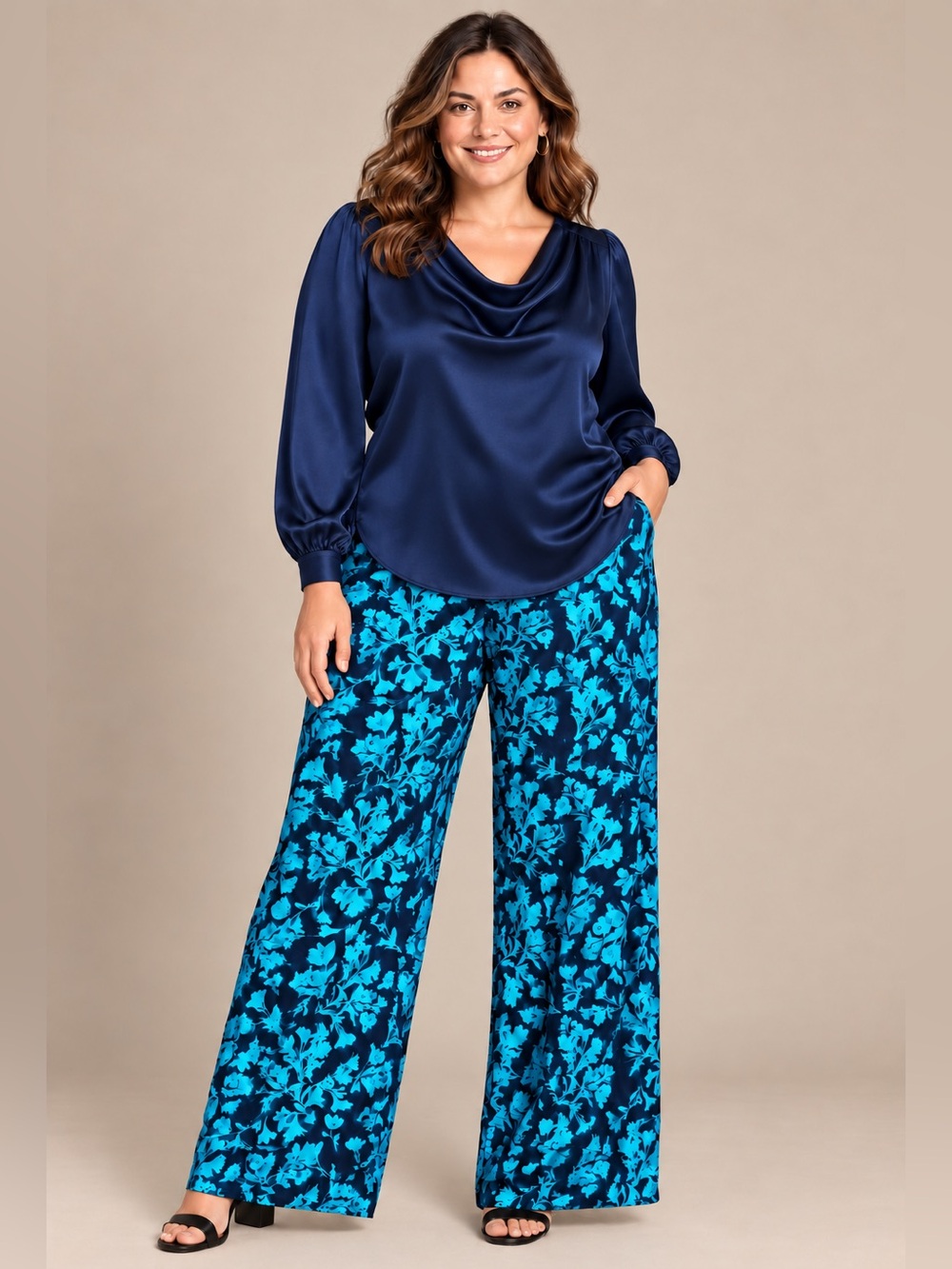 Lane Bryant Floral Pull On Wide Leg Slinky Pants Turquoise Stretch Travel 14/16